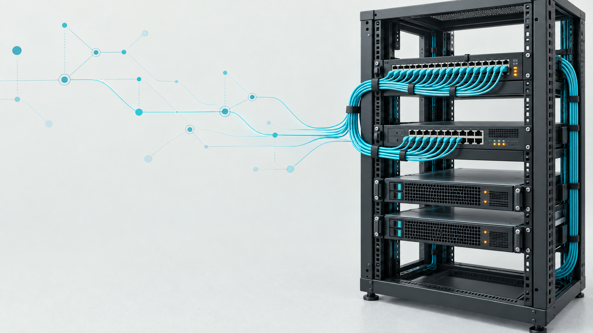 Isometrische Illustration eines aufgeräumten Netzwerkschranks mit Patchpanel und leuchtenden Status-LEDs
