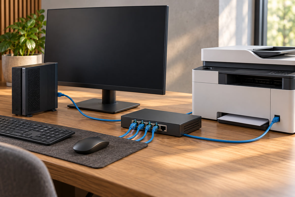 PC mit dunklem Monitor, Ethernet-Switch und Netzwerkdrucker auf einem Büroschreibtisch.
