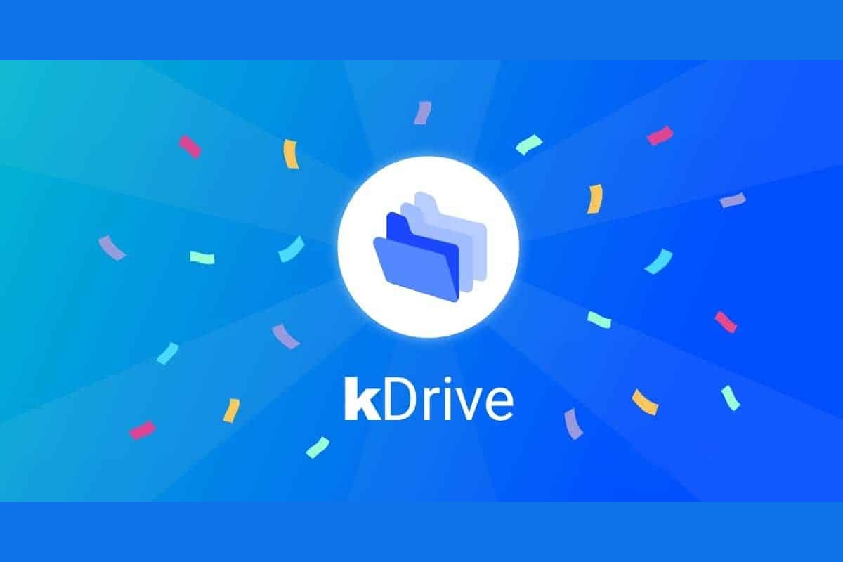 Historische kDrive-Illustration mit Ordnern und Konfetti auf blauem Hintergrund