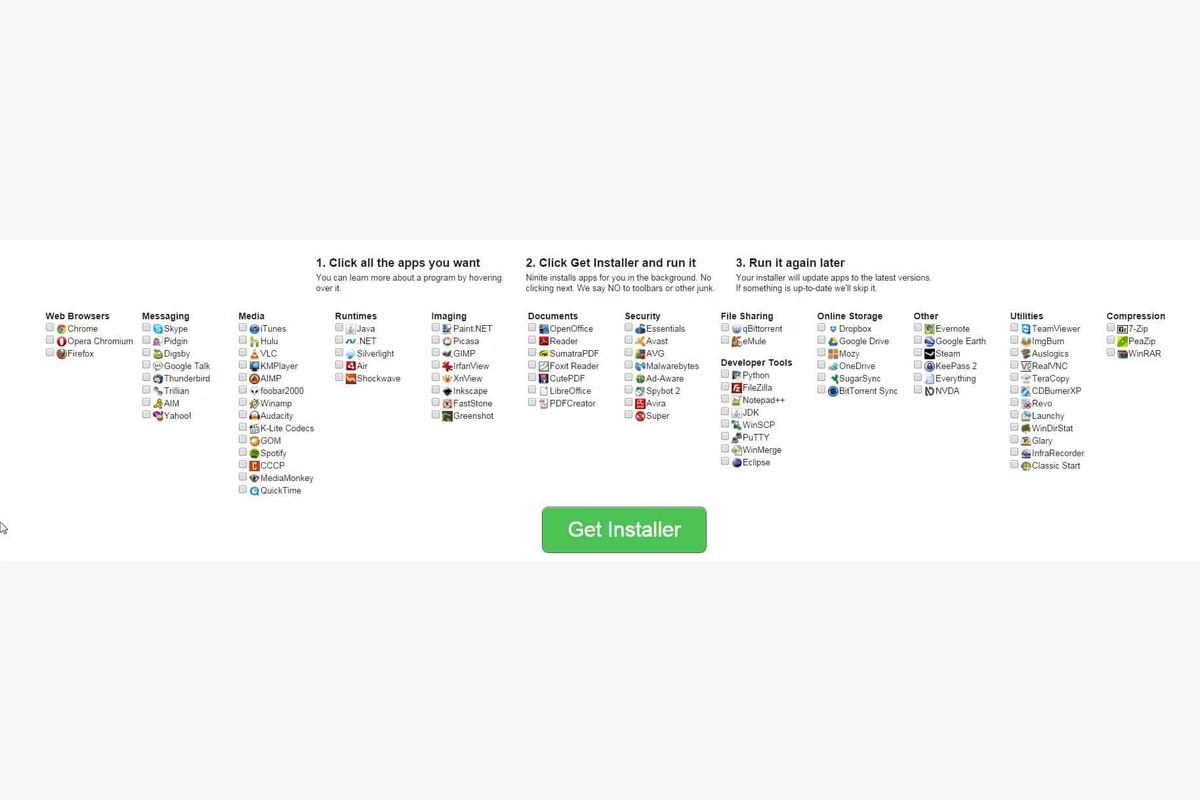 Historische Ninite-Webseite mit einer Auswahl installierbarer Programme