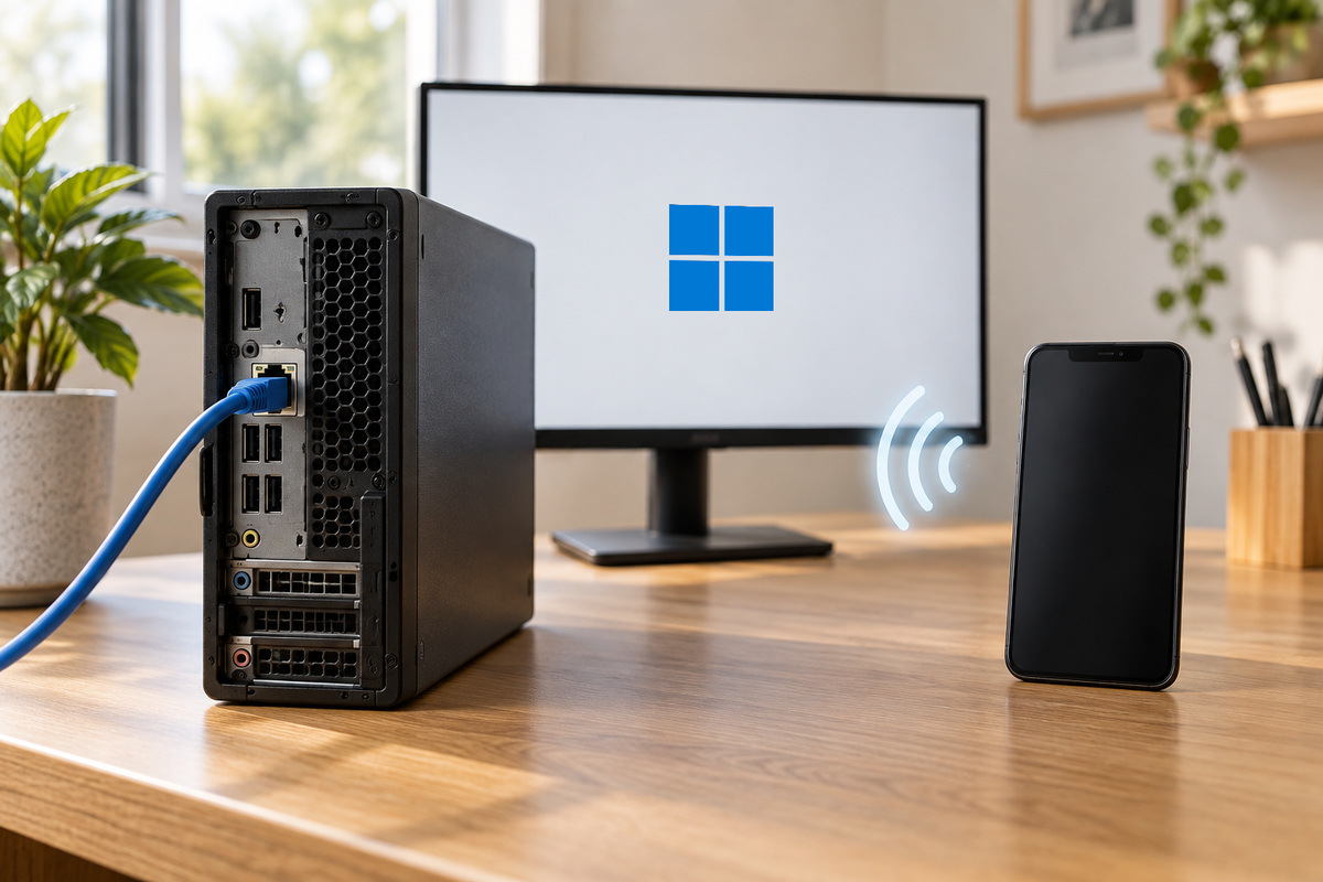 Desktop-PC mit Ethernet-Kabel, Windows-Logo und Smartphone; WLAN-Wellen zeigen die drahtlose Verbindung.