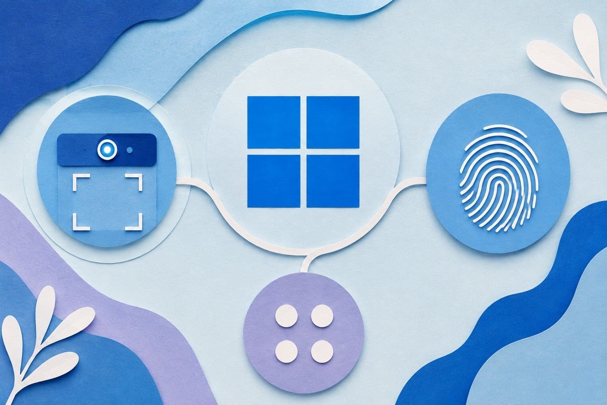 Windows-Logo mit Symbolen für Kamera, Fingerabdruck und PIN als Illustration für Windows Hello