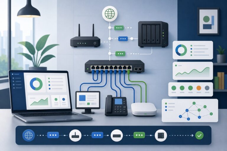 Netzwerkdiagnose im kleinen Unternehmen mit Router, Switch, Server und Clients