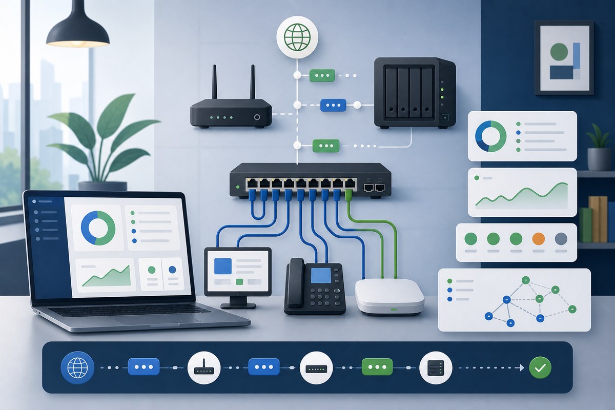 Netzwerkdiagnose im kleinen Unternehmen mit Router, Switch, Server und Clients